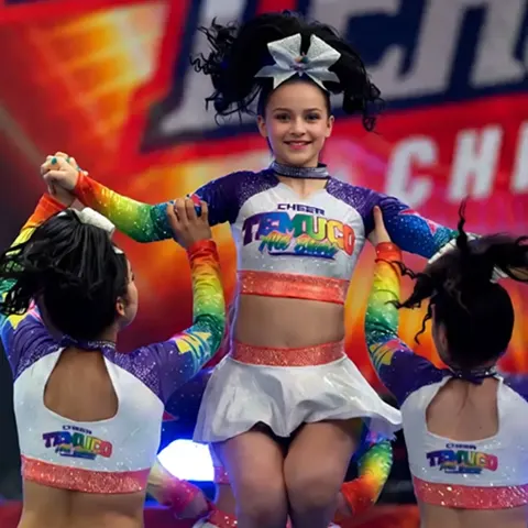 Long Sleeve Two Piece Cheerleading Uniform Rainbow Rhinestone Spandex Stretchy Cheer Outfit for Youth Team