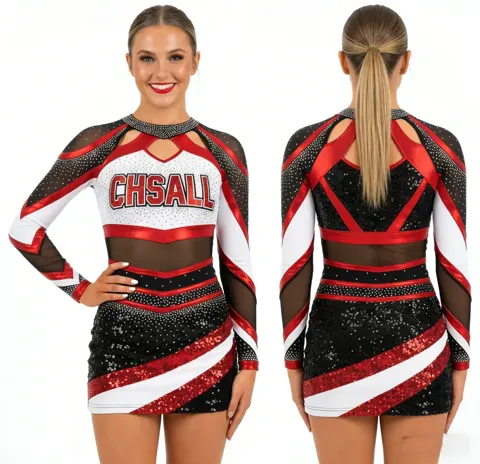 Cheerleading Uniforms for Girls Long Sleeve Rhinestone Sequin Cheer Outfits Personalized Team Cheerleading Costumes