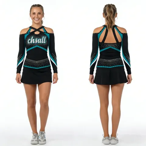 Premium Cheerleading Uniforms Rhinestone Embellished Cold Shoulder Long Sleeve Breathable Performance Wear Cheer Teams