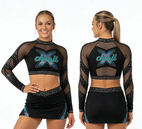 Sparkle Mesh Cheerleading Uniforms Long Sleeve Rhinestone Crop Top Skirt Set Cheer Practice Performance