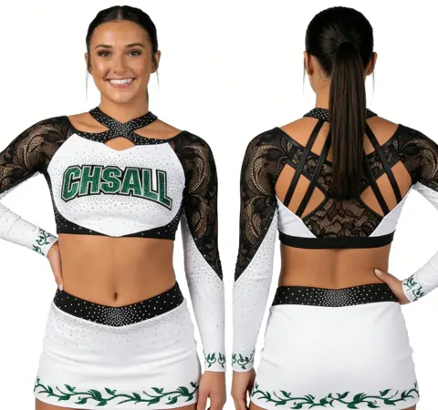 Cheerleading Uniforms Long Sleeve Lace Crop Top with Rhinestones Skirtr Cheer Apparel Team Performance