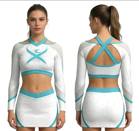 Teal Cheerleading Uniform Set Sparkle Rhinestone Mesh Crop Top Skirt CrissCross Back Performance Cheer Outfit Competition