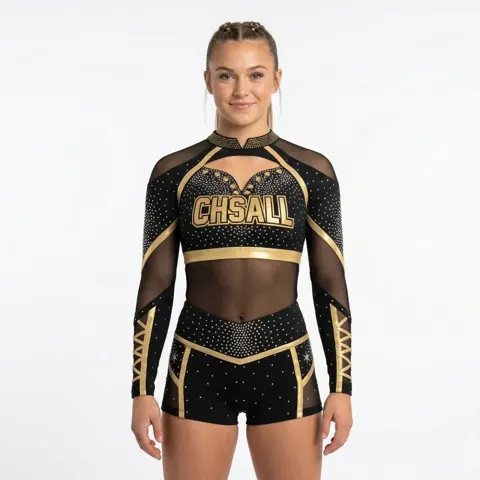Long Sleeve Two Piece Cheerleading Uniform Lace-Up Sleeve Rhinestone Gold Foil Team Cheer Uniform Spandex Cheer Outfit