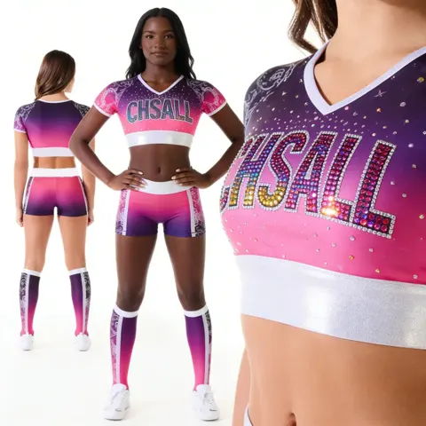 ombré Shirts & Tops Shiny Rhinestones Crops Sparkle Design Cheer Practice Wear Shell Shorts 2 Sets Uniforms