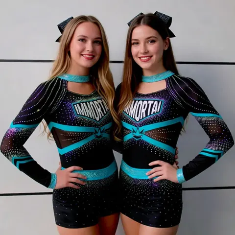 Girls Cheerleading Uniform Long Sleeve Rhinestone Choker Performance Cheer Outfit with Bow Breathable Stretch Fabric for Teen