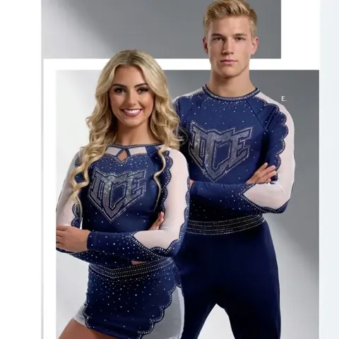 Long Sleeve One Piece Cheerleading Uniform Mesh Panel Rhinestone Unisex Team Cheer Uniform Competition Stage Wear
