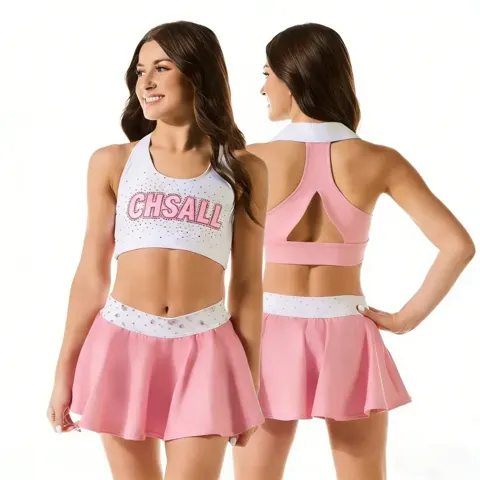 Shiny Rhinestones Shirts & Tops Wear Sparkle Design Cheerleading Practice Wear Shell Shorts 2 Sets Uniforms