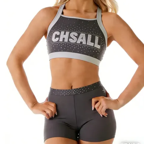 Rhinestones Shirts & Tops Wear Sparkle Design Shiny Cheerleading Practice Wear Shell Shorts 2 Sets Uniforms