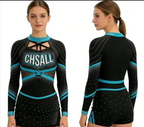 Cheerleading Uniforms Women Long Sleeve Rhinestone Cheer Practice Outfit Cheer Apparel Skirt Shorts Team Competition