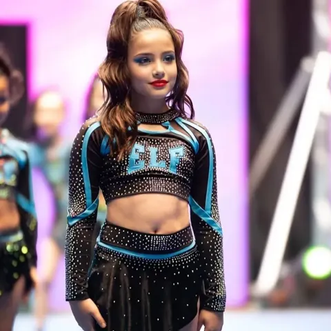 Long Sleeve Cheerleading Uniform Rhinestone Mesh Panel Stretchy Color Block Cheer Costume for Competition