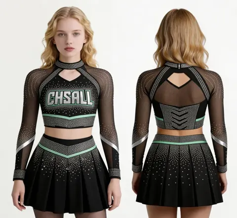 Customizable Women Cheerleading Uniform Sparkle Rhinestone Black Green Mesh Sleeve Crop Top Pleated Skirt Set Team Competition