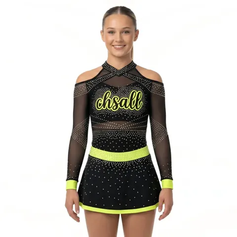 Girls Long Sleeve Cheerleading Outfit Cold Shoulder Sheer Mesh Rhinestone Neon Yellow Trim Spandex Performance Wear