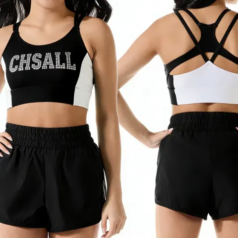 Rhinestones Shirts & Tops Wear black and white Design Shiny Cheerleading Practice Wear Shorts 2 Sets Uniforms