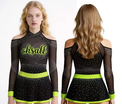 Customizable Women Cheerleading Uniform Black Green Rhinestone Mesh Sleeve Crop Top Pleated Skirt Set Team Bulk Order