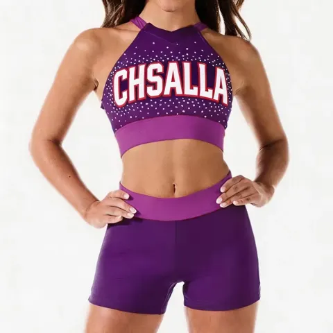 Rhinestones Shirts & Tops Wear Sparkle purple Design Shiny Cheerleading Practice Wear Shell Shorts 2 Sets Uniforms