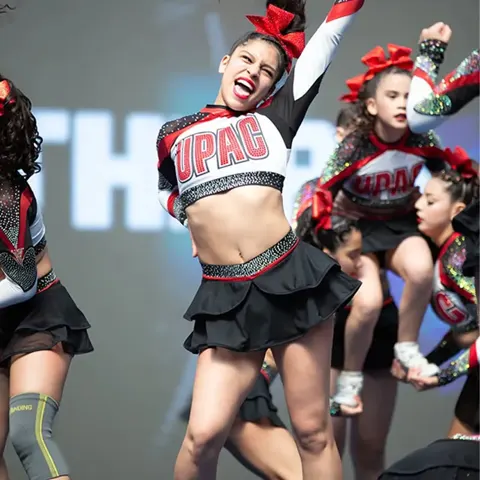 Girls Cheerleading Outfit Long Sleeve Rhinestone High Neck Red Stage Performance Cheer Wear with Skirt