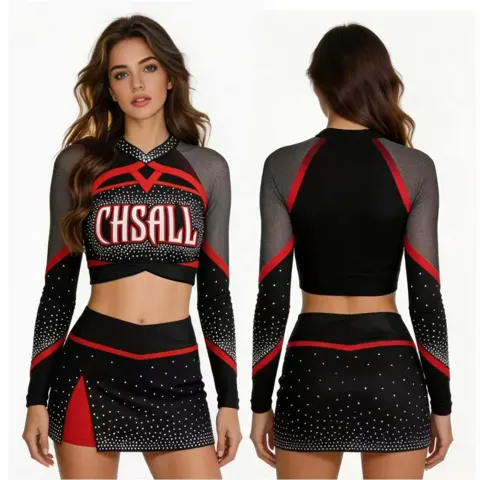 Professional Rhinestone Cheerleading Uniforms Long Sleeve Crop Top Skirt Mesh Team Logo Cheer Competition Performance
