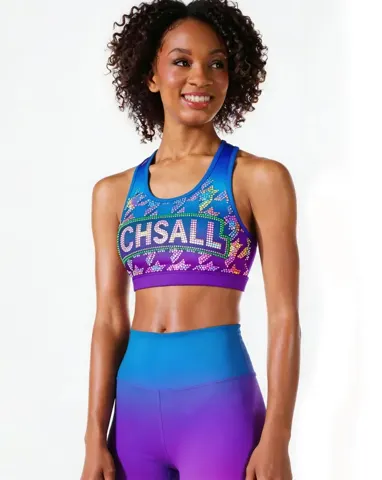 Rhinestones Shirts & Tops Sparkle Design Blue to purple Ombre Shiny Cheerleading Practice Wear Shell Short Uniform