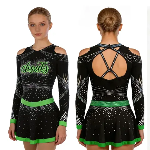 Cheerleading Uniforms Logo Black Green Rhinestone Cold Shoulder Long Sleeve Backless Cheer Outfit Performance Costume