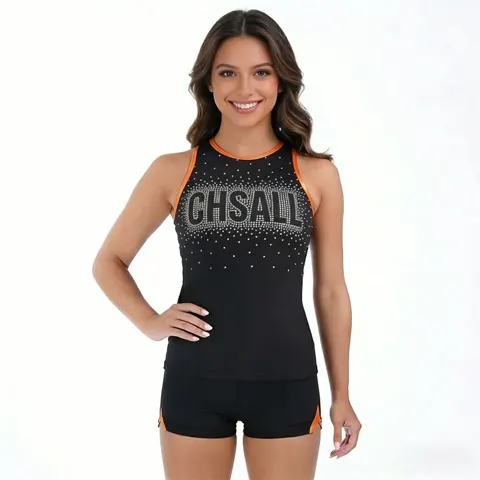 Sparkle Cheerleading Practice Outfit Black Orange Rhinestone Sleeveless Crop Top Team Cheer Training Suit Practice Uniform