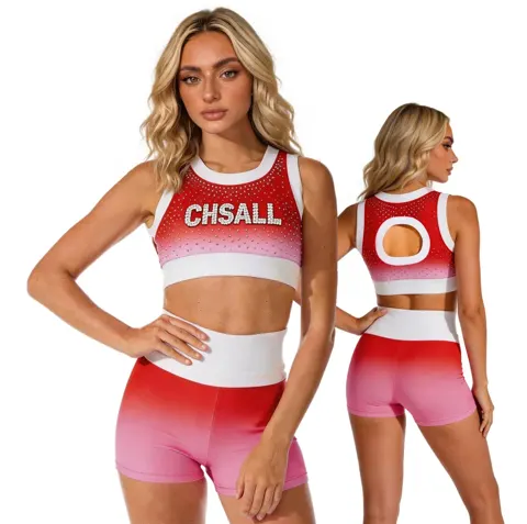 Rhinestones Shirts & Tops Sparkle Design pink to red Ombre Shiny Cheerleading Practice Wear Shell Short Uniform