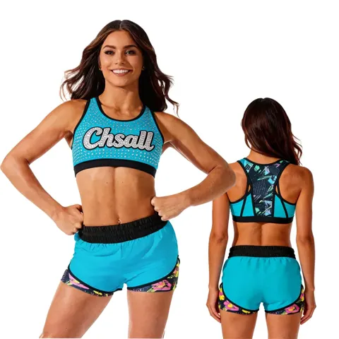 Printed Fabric Splicing Design Top LOGO Rhinestones Shirts & Topsn Blue Cheerleading Practice Wear Shell Short Uniform