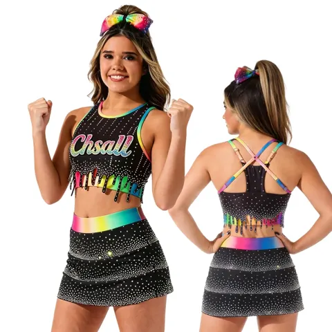 Laser-cut Drip Hem with rainbow Print Design Top LOGO Rhinestones Shirts & Top Cheerleading Practice Wear Shell Uniform