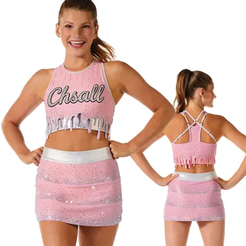 Laser-cut Drip Hem with Print Design Top LOGO pink Rhinestones Shirts & Top Cheerleading Practice Wear Shell Uniform