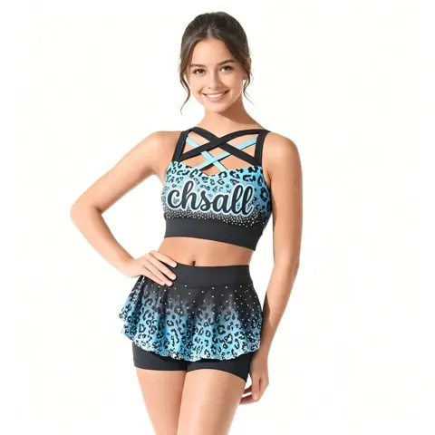 Leopard Print Rhinestone Cross Back Crop Top with Skirt Shorts Two Piece Set All Star Cheerleading Uniform