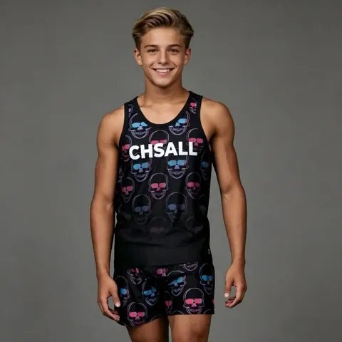Trendy Skull Print Tank Top Shorts Two Piece Set Boys Youth Team Competition All Star Cheerleading Uniform
