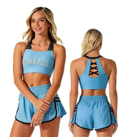 Rhinestones Shirts & Tops Wear Strappy Crisscross Back Design Shiny Cheerleading Practice Contrast Color Shorts Uniforms