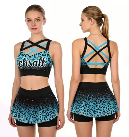 Customizable Cheerleading Uniform Sparkle Rhinestone Leopard Print Crop Top Skort High Stretch Cheer Teams Dance Teams