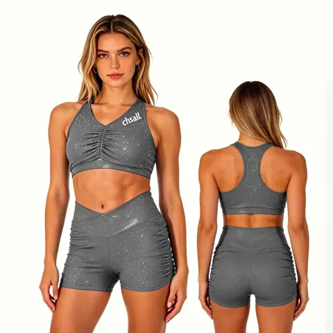 Plastisol Printing Grey Shirts & Tops Sparkle Halter Racerback Shiny Cheerleading Practice Wear Short Uniform