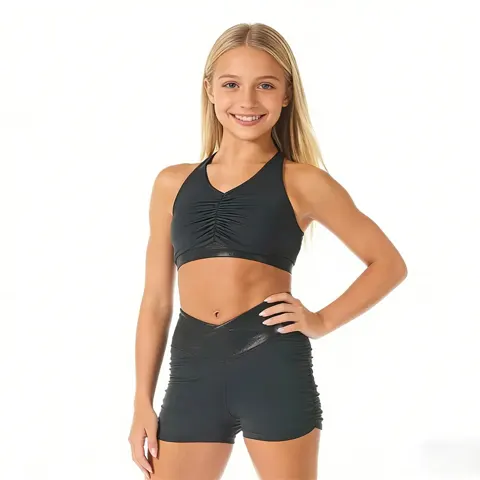 Girls Cheerleading Uniform Black Ruched Halter Crop Top with Shorts Dance Wear for Competition Training with Bow