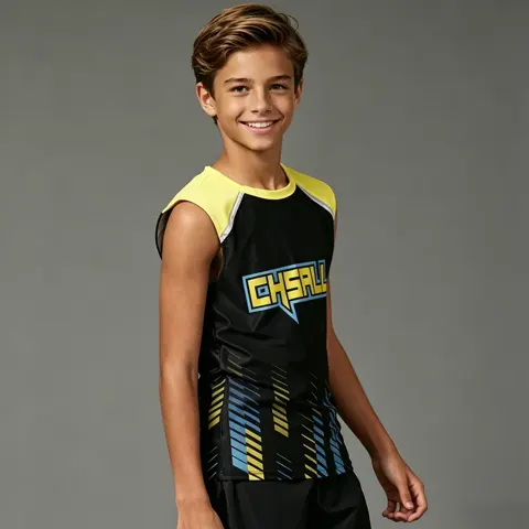 Athletic Boys Cheerleading Outfit Black Yellow Blue Sleeveless Top CHSALL Cheer Uniform for Practice