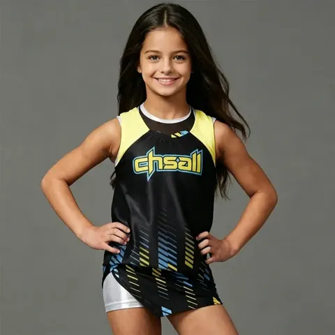 Professional Girls Cheerleading Uniform Black Yellow Blue Sleeveless Cheer Dress CHSALL Cheer Outfit for All Star Cheer