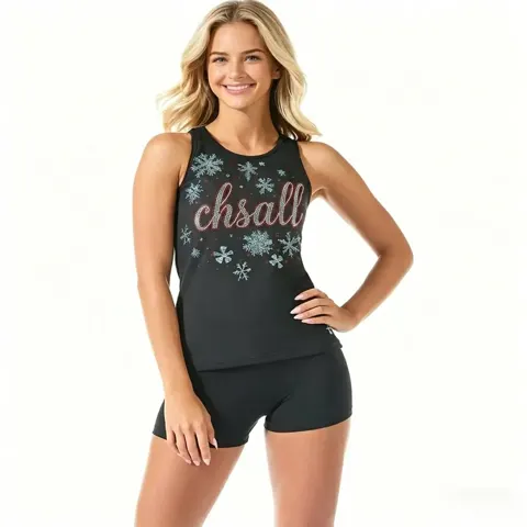 Sparkle Cheerleading Uniform Black Snowflake Rhinestone Cheer Wear Tank Top Uniform with Shorts