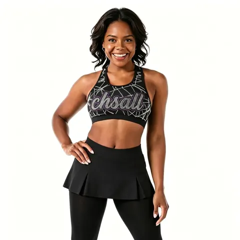 All Star Edgy Geometric Cheer Practice Set Black Racerback Rhinestone Crop Top with Skirt