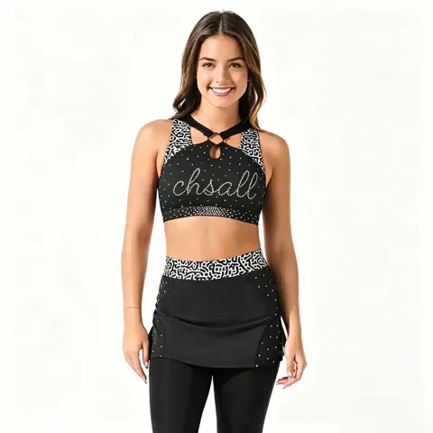 Competition-Ready Black Cheer Set Geometric Trim Rhinestone Halter Top & Skirt for Teen Girls