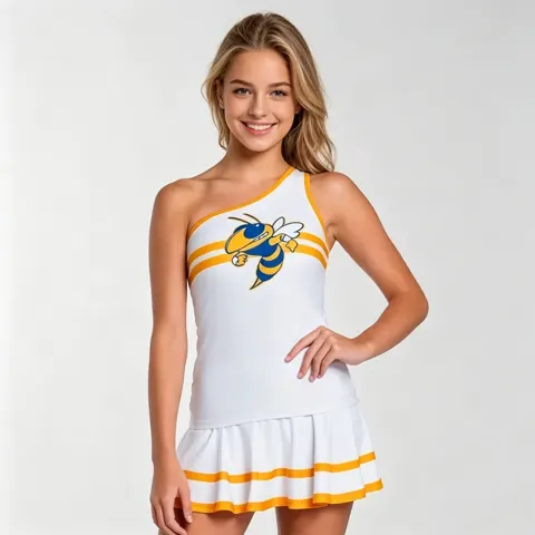 Game Day Ready White Gold Cheer Uniform Hornet Mascot One Shoulder Top & Skirt for Teen Girls