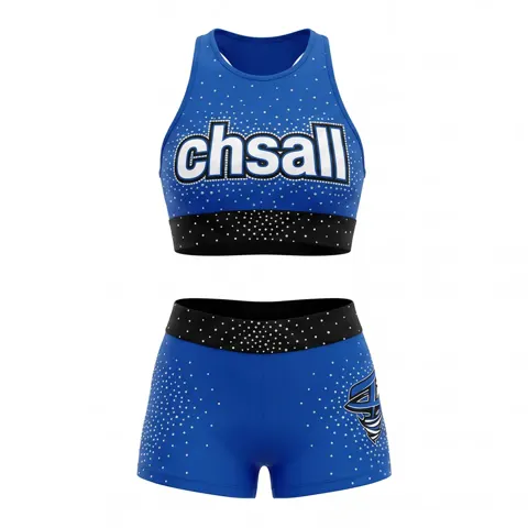 Competition-Ready Blue Cheer Uniform Rhinestone Logo Crop Top & Leggings with Black Waistband