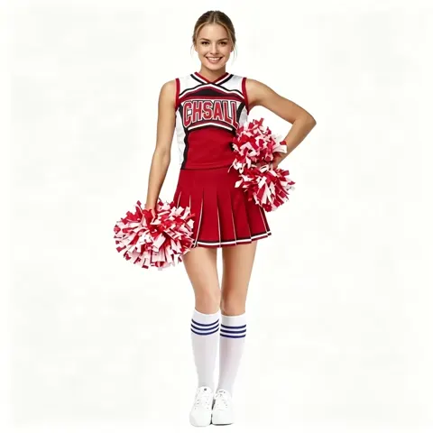 Competition-Ready Red White Cheer Uniform Sleeveless Top & Skirt with Pom Poms for Performances