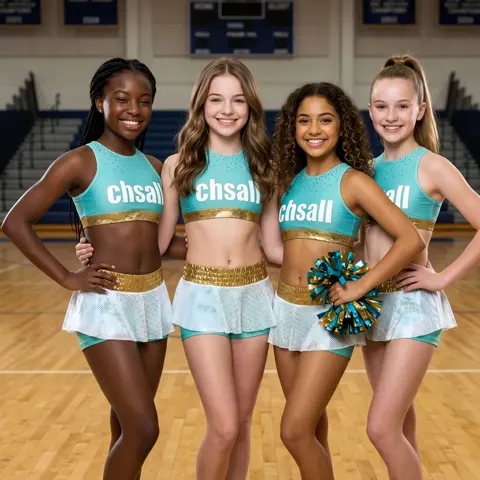 Kids Teal Gold Cheerleading Uniform Set with Mesh Skirt and CHSALL Logo for Performances