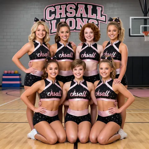 Team Black Pink Star Cheerleading Uniform Set with Shimmer Trim and CHSALL Logo for Girls