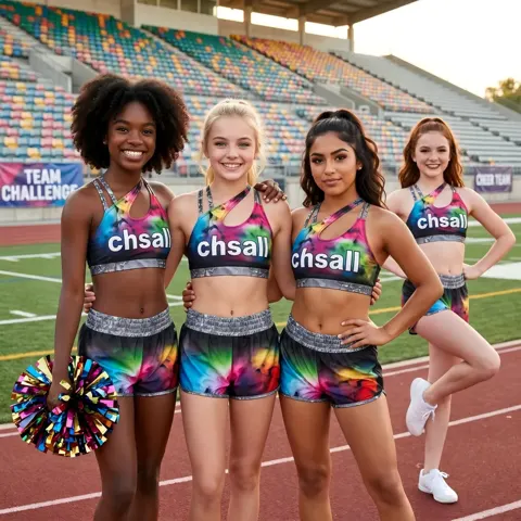 All Star Rainbow Tie-Dye Cheer Set CHSALL Logo Asymmetric Top with Matching Shorts for Team