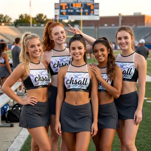 Youth Modern Marble Print Cheer Outfit with CHSALL Logo and Polka Dot Mesh Neckline for Girls
