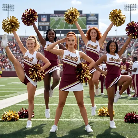 All Star Maroon Gold Cheer Dress CHSALL Logo with Pom Poms for Pro Football Spirit Team