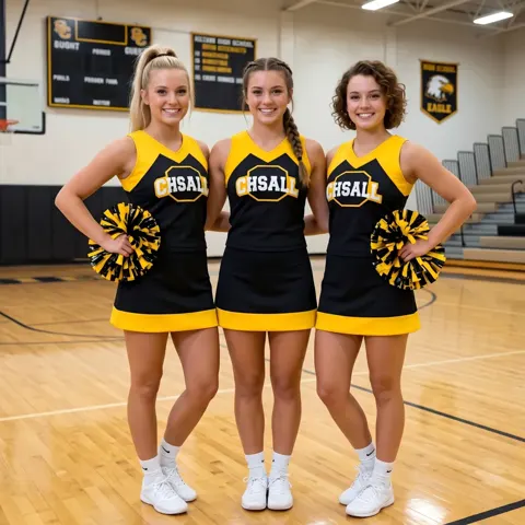 Varsity Style Black Yellow Cheer Outfit with Matching Pom Poms for School Basketball Pep Rallies