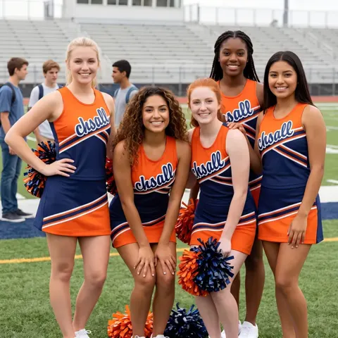 Women's Orange Navy Cheerleading Dress with CHSALL Logo for High School Football Spirit Games