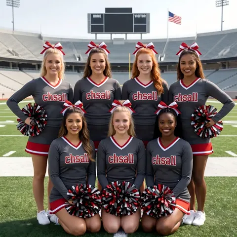 Varsity Style Gray Red Cheer Outfit with Matching Pom Poms and Bows for Pep Rally Events